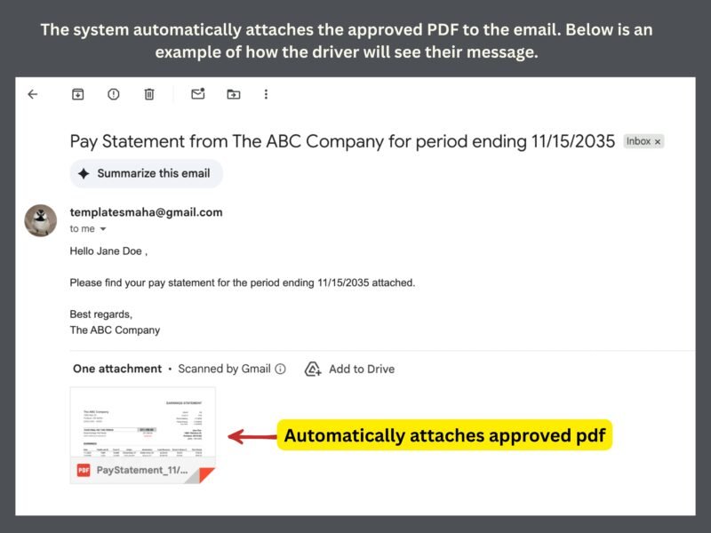 The approved PDF is attached to the email automatically; an example of the email the driver receives.