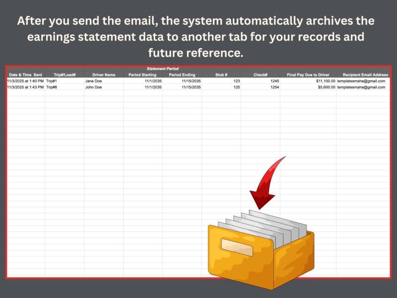 After the email is sent, the earnings statement data is archived to another tab with date sent, period, stub and check numbers, final pay and recipient email.