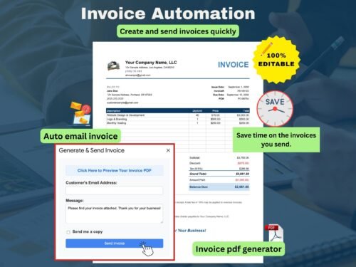 Invoice automation: an editable invoice for a sample company, and a Generate and Send Invoice window to preview the PDF and email it to the customer.