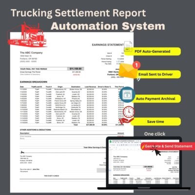 Trucking settlement report automation: a sample earnings statement with a breakdown of loads and driver's share, plus one-click buttons that create the PDF, email it to the driver and archive the payment.