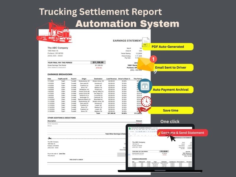 Trucking settlement report automation: a sample earnings statement with a breakdown of loads and driver's share, plus one-click buttons that create the PDF, email it to the driver and archive the payment.