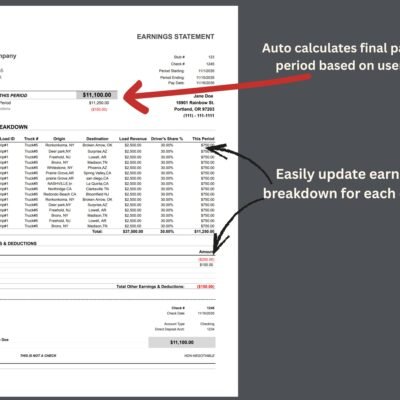 Earnings statement for a sample driver: final pay for the period is calculated from your entries, with an earnings breakdown by trip that is easy to update for each driver, and other additions and deductions.