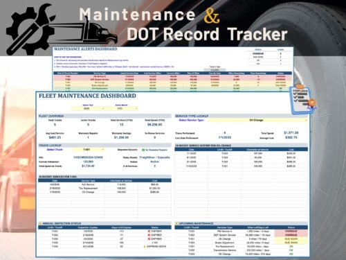 Truck maintenance and DOT record tracker: a maintenance alerts dashboard with overdue and due-soon services, and a fleet maintenance dashboard with truck lookup, service history, annual inspection status and upcoming maintenance.
