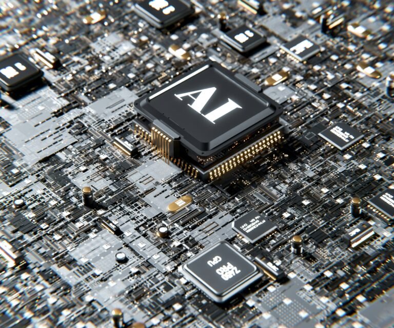 A computer chip labeled AI on a circuit board.
