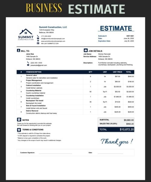NEWEST8 Business estimate for a sample construction company's kitchen remodel: bill-to and job details, line items with quantity, unit and price, sales tax, total, notes, terms and conditions and a signature line.