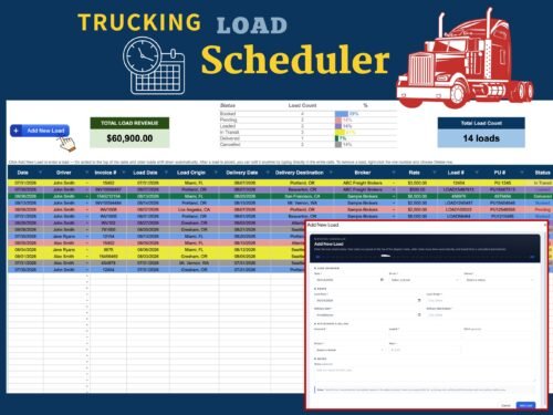 Trucking load scheduler: total load revenue, load count by status (booked, pending, loaded, in transit, delivered, cancelled), a color-coded list of loads with driver, dates, origin, destination, broker and rate, and an Add New Load form.