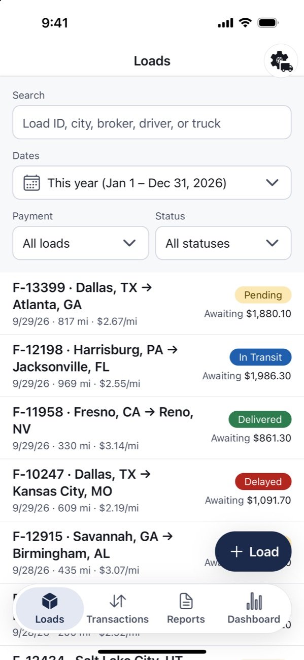 Riggi trucking bookkeeping app Loads screen with load statuses