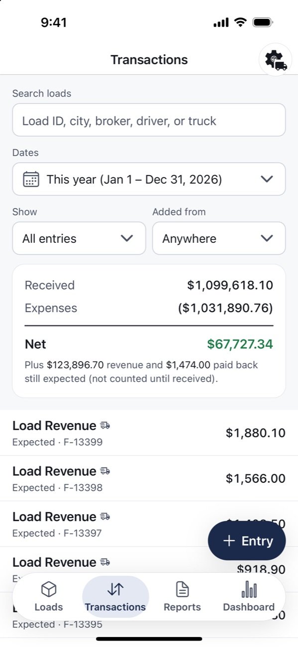 trucking expense tracker app showing fuel, tolls and load revenue entries