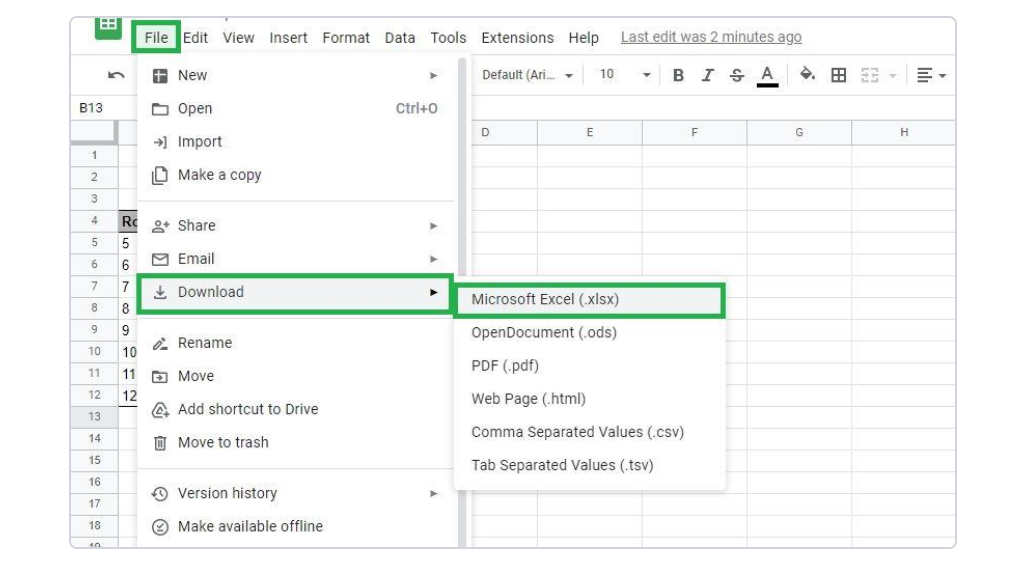 Google Sheets File menu with Download selected and Microsoft Excel (.xlsx) highlighted in the side menu.