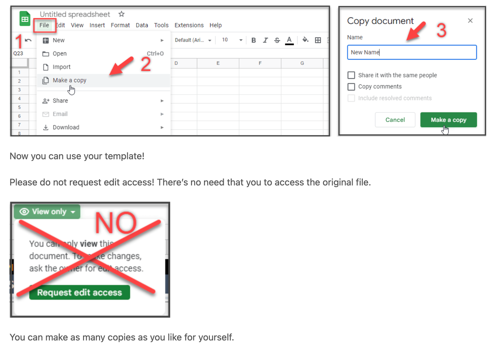 Google Sheets steps to make a copy: 1, the File menu; 2, Make a copy; 3, the Copy document box with a new name and the Make a copy button. Below, the View only notice with its Request edit access button crossed out.