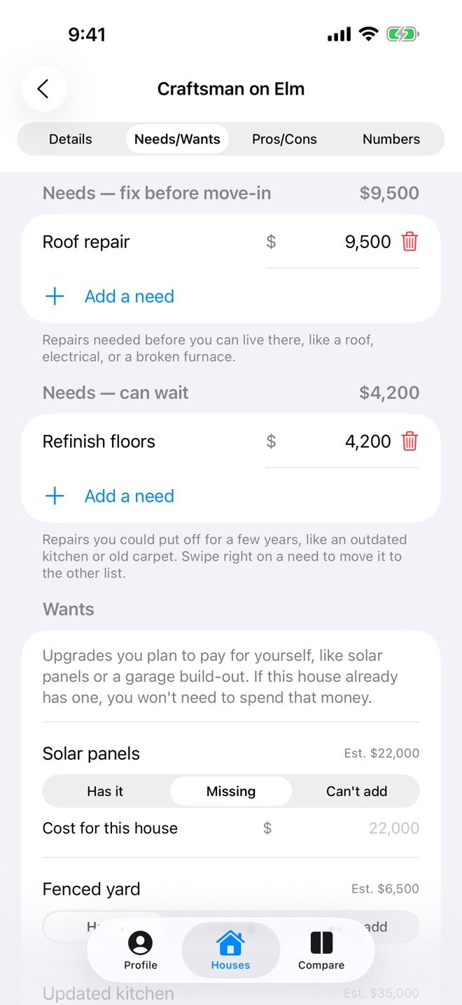 The Needs and Wants tab in Home Comparison Calculator: a roof repair before move-in, floors that can wait, and upgrades like solar panels