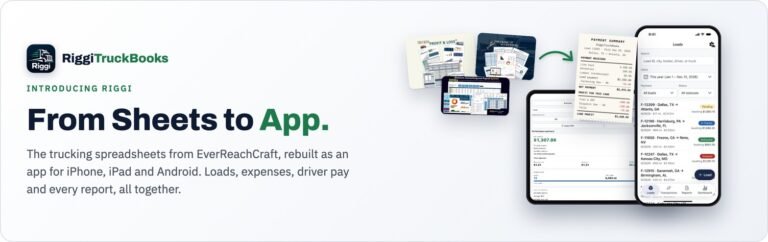 Introducing Riggi: From Sheets to App. The EverReachCraft trucking spreadsheets rebuilt as an app for iPhone, iPad and Android, shown beside its Loads, Dashboard and Payment Summary screens