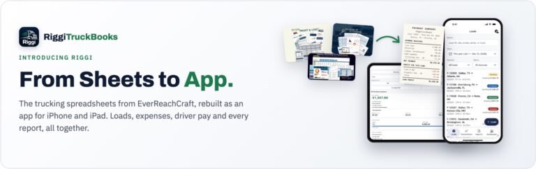 Introducing Riggi: From Sheets to App. The EverReachCraft trucking spreadsheets rebuilt as an app for iPhone and iPad, shown beside its Loads, Dashboard and Payment Summary screens