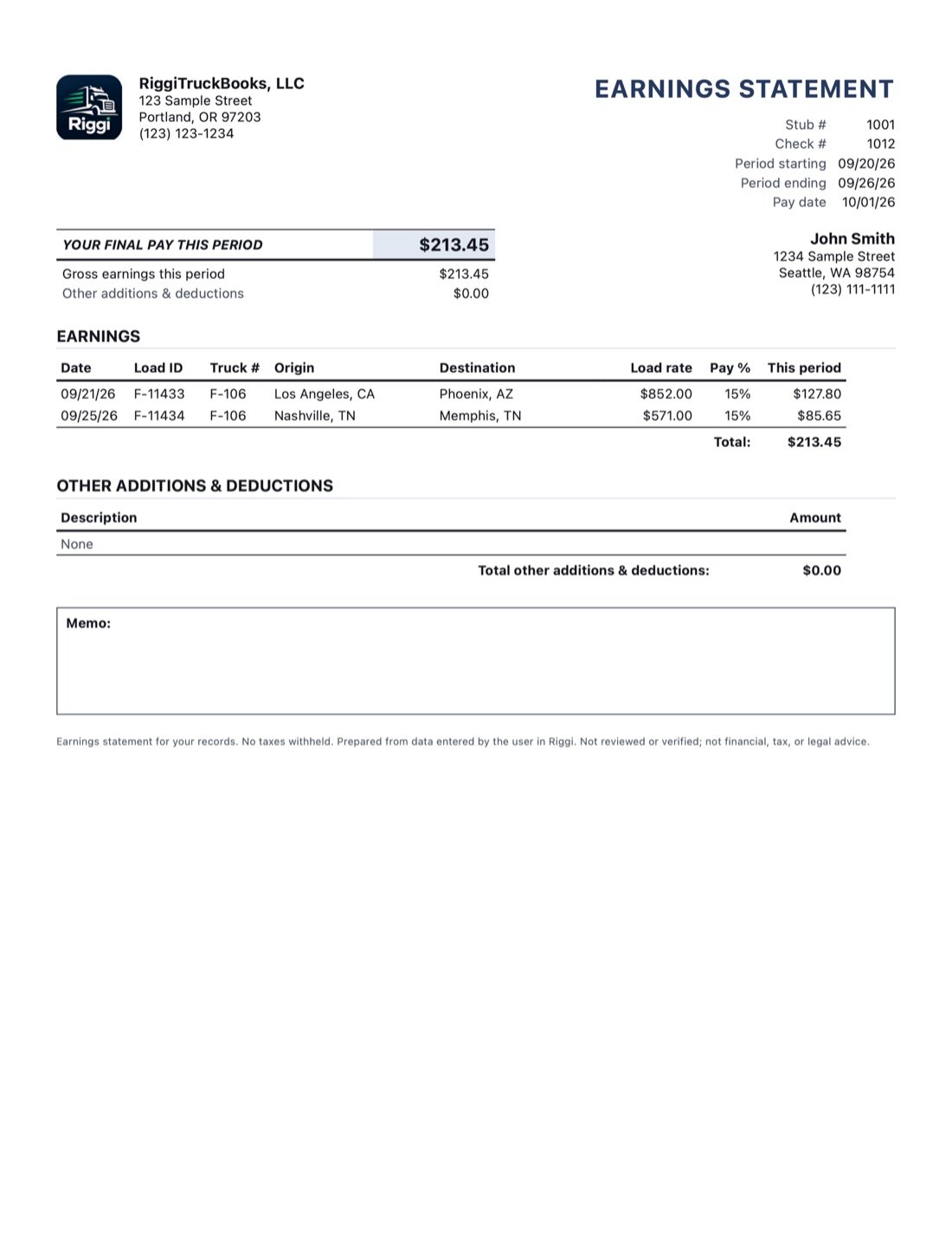 truck driver earnings statement pay stub PDF made with Riggi