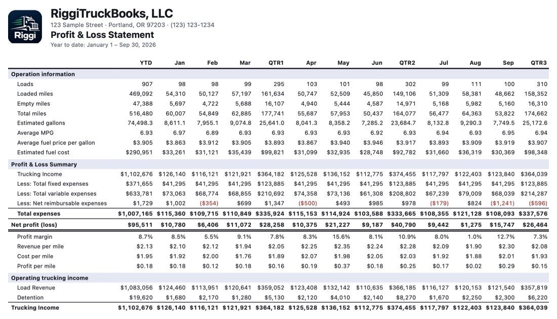 trucking profit and loss statement PDF by month and quarter